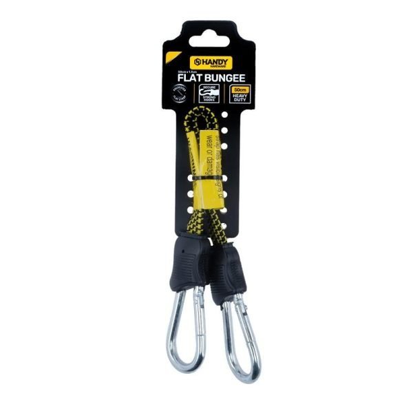Handy Hardware Bungee Cord Heavy Duty Flat With Carabiner Yellow 50cm (L) x 1.7cm (W) x 0.4cm (D)