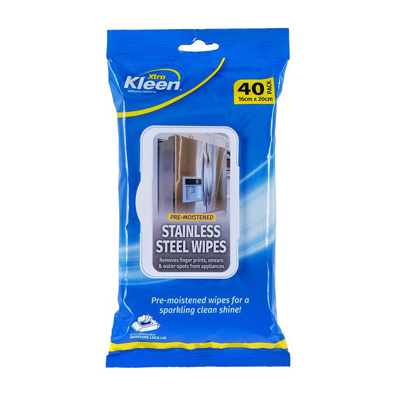 Xtra Kleen Pre-Moistened Stainless Steel Wipes - 16cm x 20cm - 40pk