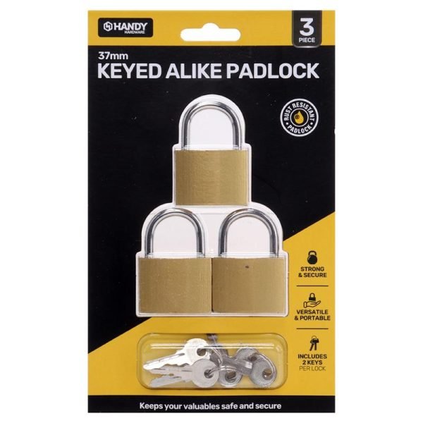 Handy Hardware Padlock Keyed Alike 37mm Includes 2 Keys Per Lock 3pk