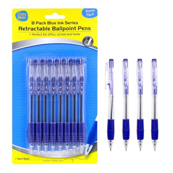 8PK Retractable Ball Point Pens-Blue Ink Series