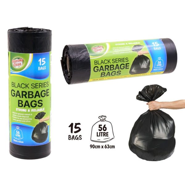 15PK - 56LTR Black Series Garbage Bags