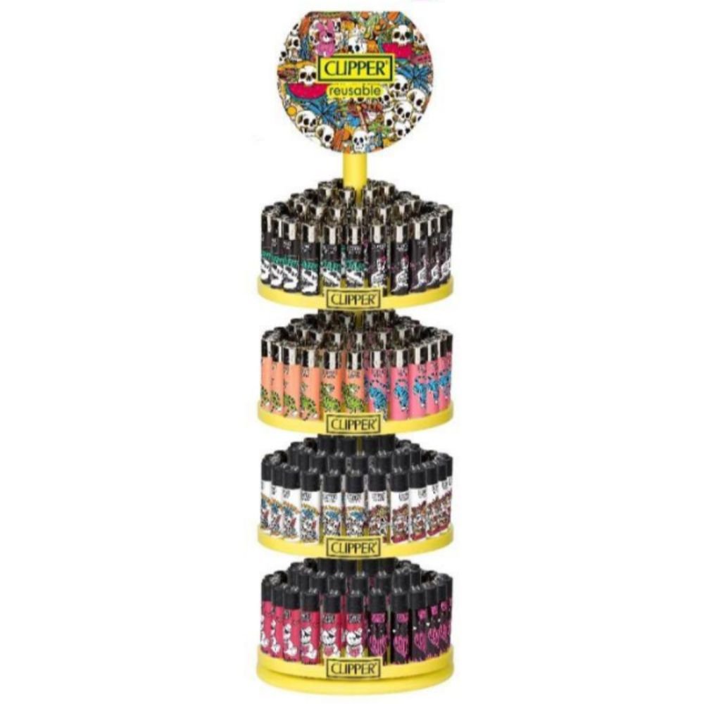 Clipper Lighter Tattoo Studio - 192 Reusable Lighters + Free 4 Tier Carousel Stand