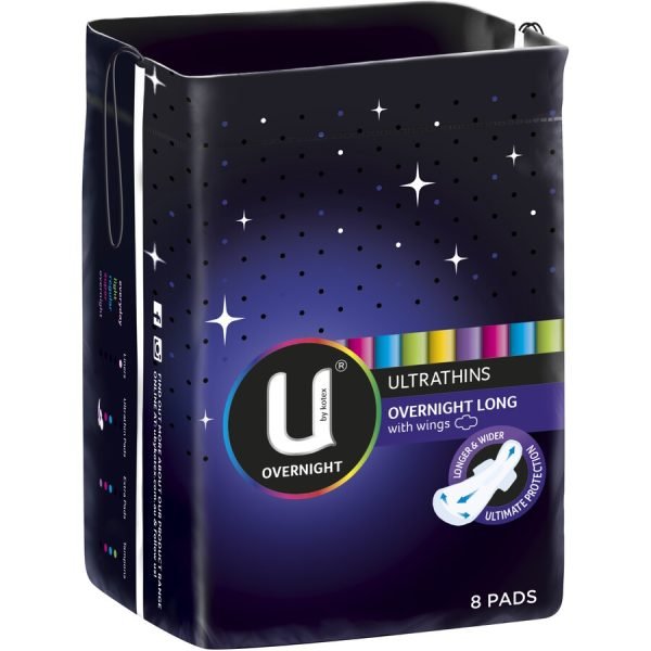 U by Kotex Ultrathin Overnight Long Pads with Wings 8 Pack