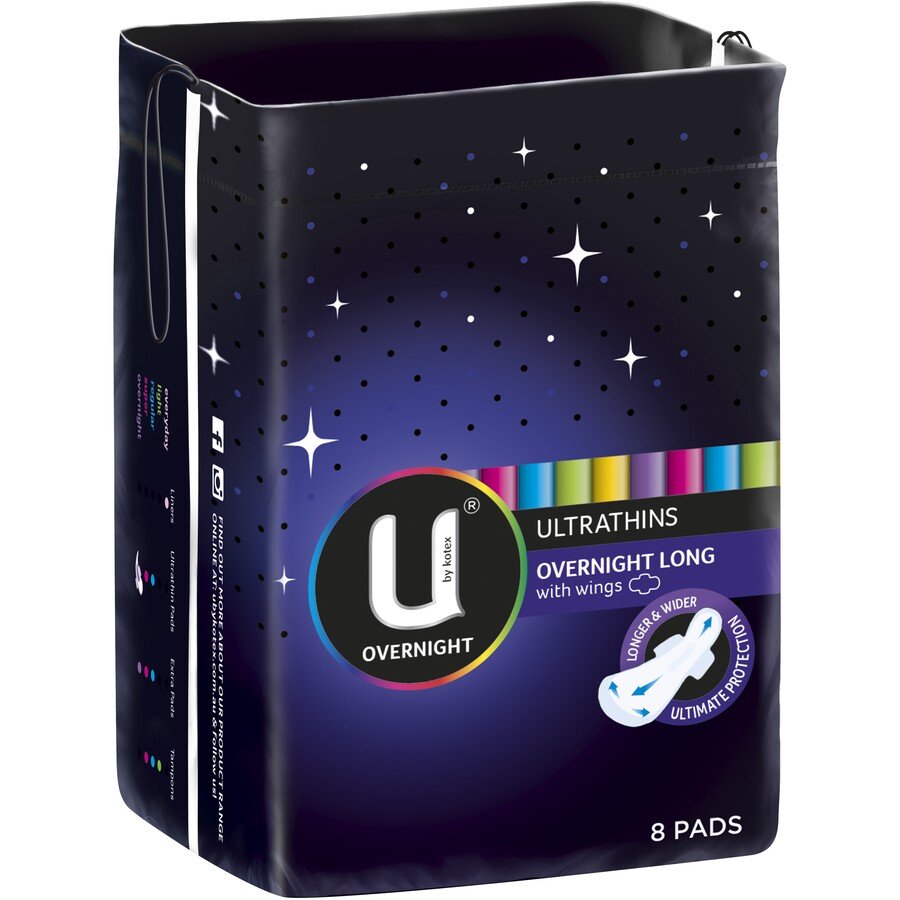 U by Kotex Ultrathin Overnight Long Pads with Wings 8 Pack