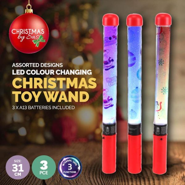Toy Wand LED 2.5cm x 31cm Christmas 3 Assorted Designs Colour Changing 3 x AG13 (included) 3 Light Up Functions
