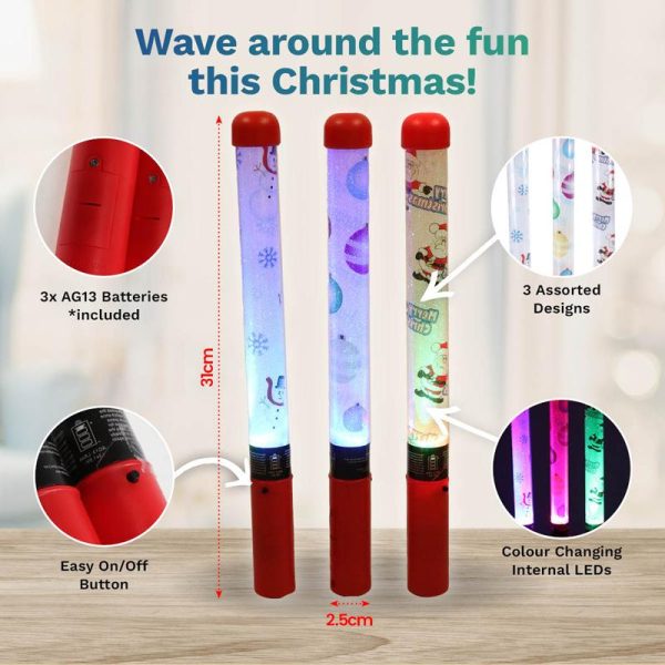 Toy Wand LED 2.5cm x 31cm Christmas 3 Assorted Designs Colour Changing 3 x AG13 (included) 3 Light Up Functions