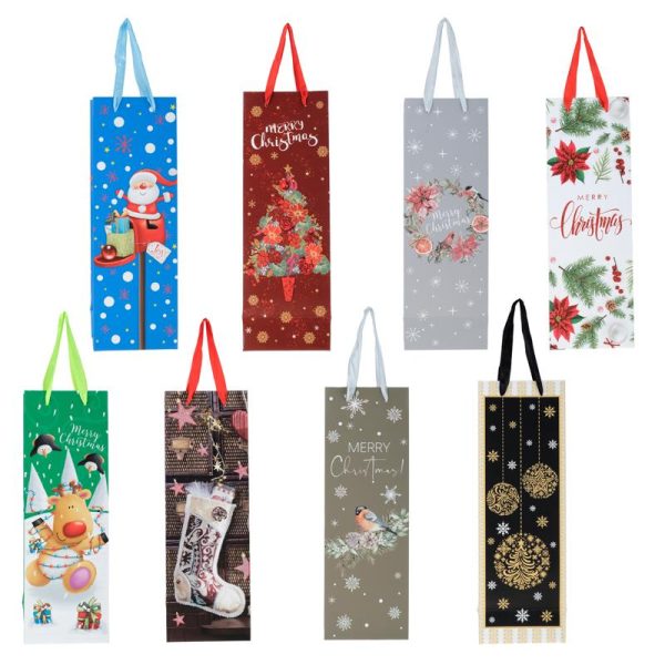 Gift Bag Premium Glitter Christmas Spirit Set - Bottle Bag 12cm x 36cm x 9cm - 6 Assorted Designs