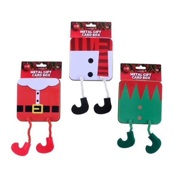 Gift Card Metal Box Christmas 3D Design 1pk 10cm x 10cm x 2cm 3 Assorted Designs