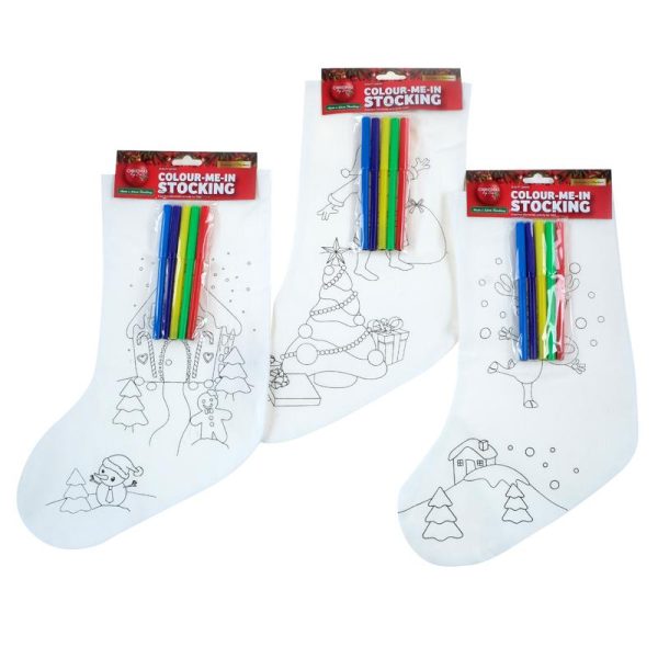 Colour-In Stocking Christmas With Markers 6pc 16.5cm x 32cm 3 Assorted Designs