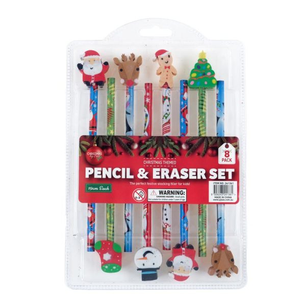 Pencil & Eraser Set Christmas 8pk 19cm Multi-Colour 8 Assorted Designs