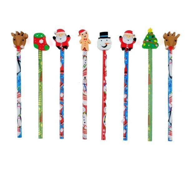 Pencil & Eraser Set Christmas 8pk 19cm Multi-Colour 8 Assorted Designs