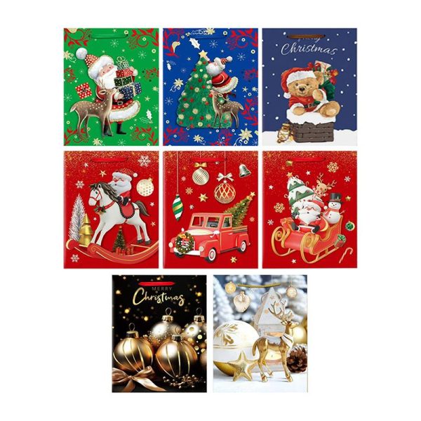 Gift Bag Premium Glitter Christmas Festive Series - Medium 26cm x 32cm x 10.5cm - 8 Assorted Designs