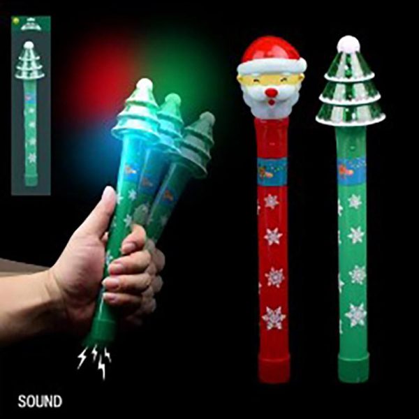 Toy Wand LED 4.5cm x 25cm Santa & Christmas Tree Multi-Colour Spinning LED Requires: 3 x AA (Not Included) 1 Light Up Functions