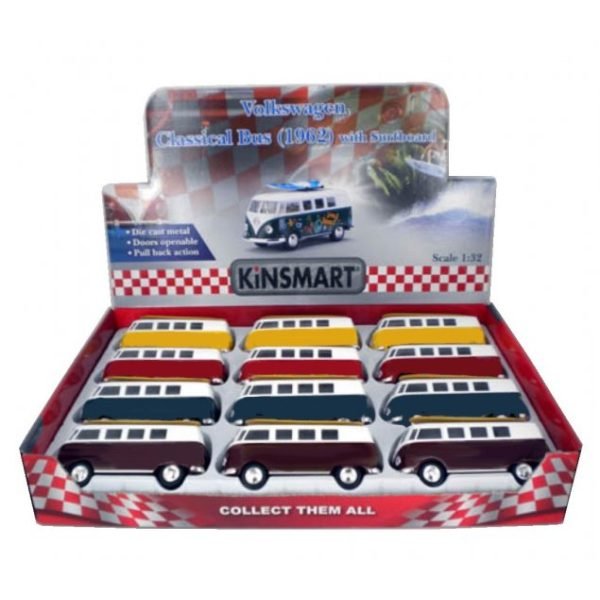1:32 Die Cast 1962 VW Classical Bus & Wooden Surf Board (4 Colors)