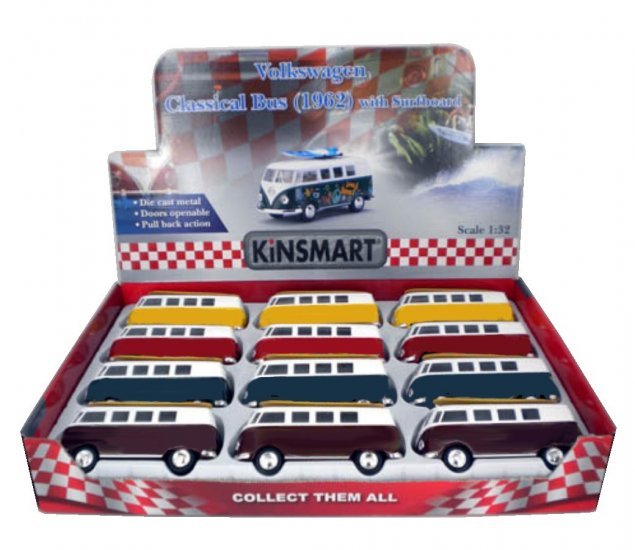 1:32 Die Cast 1962 VW Classical Bus & Wooden Surf Board (4 Colors) - Image 2