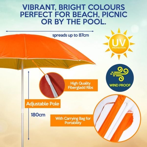 Umbrella Beach With Storage Bag Orange, Yellow, Blue & Green 155cm x 180cm