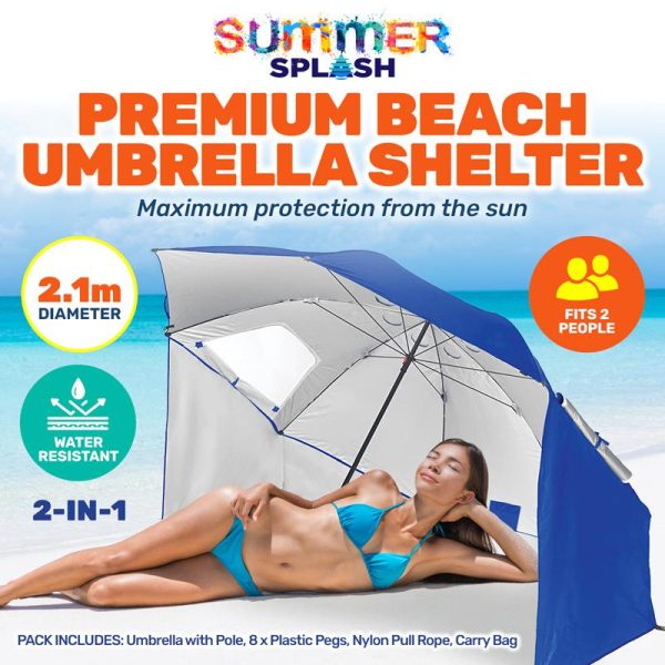 Umbrella Beach Premium Multifunctional 2.2m Dia Blue With Carry Bag, Air Vent & Side Panels
