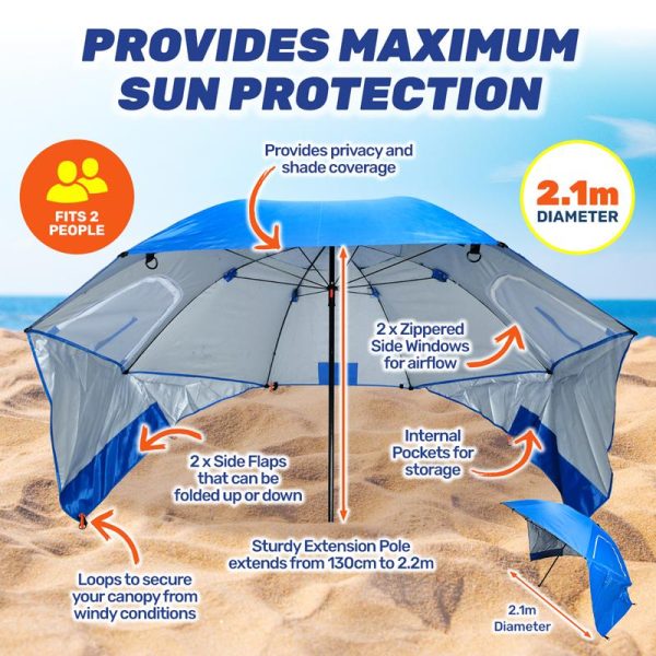 Umbrella Beach Premium Multifunctional 2.2m Dia Blue With Carry Bag, Air Vent & Side Panels