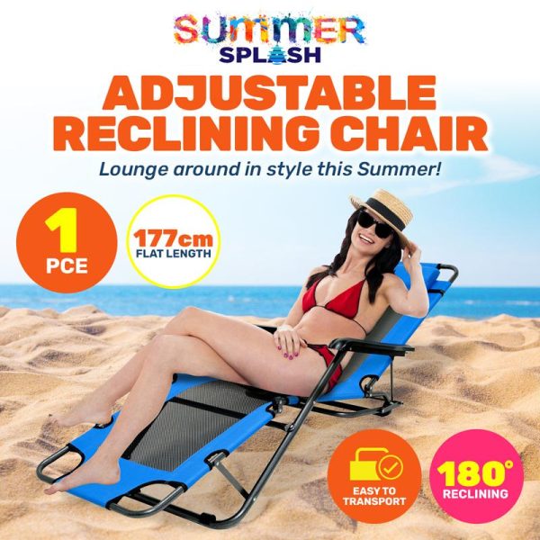 Folding Chair Premium Adjustable Multi-Position Recliner 177cm x 61cm x 90cm Blue