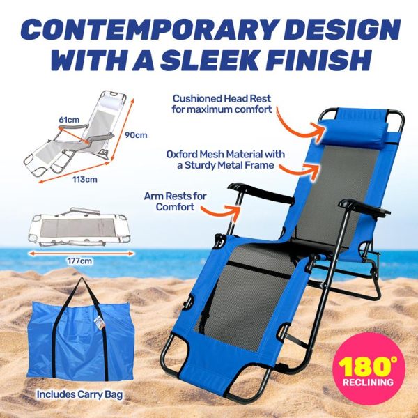 Folding Chair Premium Adjustable Multi-Position Recliner 177cm x 61cm x 90cm Blue