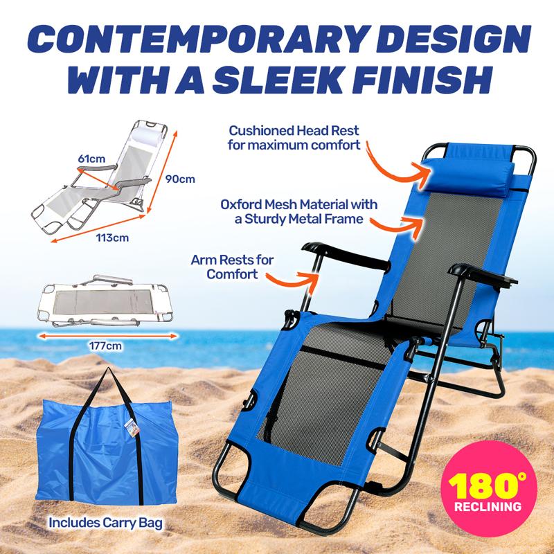 Folding Chair Premium Adjustable Multi-Position Recliner 177cm x 61cm x 90cm Blue - Image 2