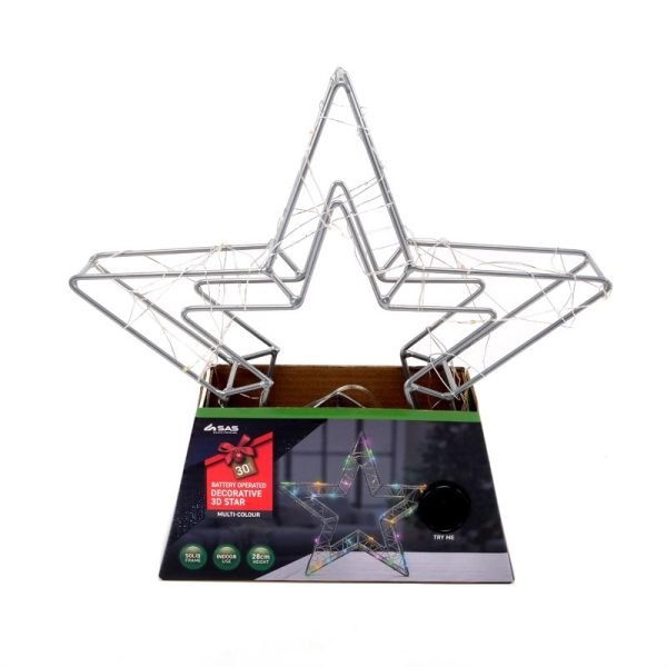 Decorative Light Battery Operated 3D Star 30LED 28.5cm x 7cm Multi Colour