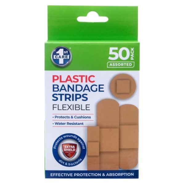 Bandage Strips Water Resistant Assorted Sizes 50pk - Plastic (PVC)