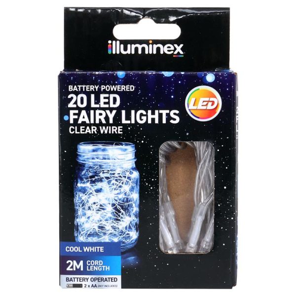 Fairy Lights Battery Operated 20 LED 2m Cool White Colour 2 Function Clear Wire
