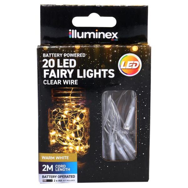 Fairy Lights Battery Operated 20 LED 2m Warm White 2 Function Clear Wire