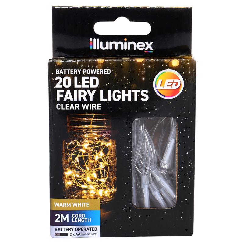 Fairy Lights Battery Operated 20 LED 2m Warm White 2 Function Clear Wire