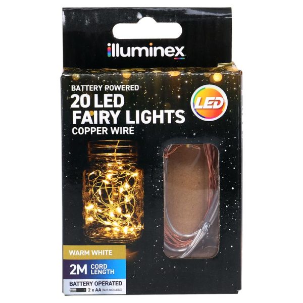 Fairy Lights Battery Operated 20 LED 2m Warm White 2 Function Copper Wire