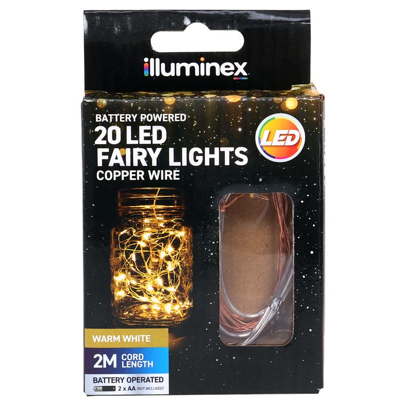 Fairy Lights Battery Operated 20 LED 2m Warm White 2 Function Copper Wire