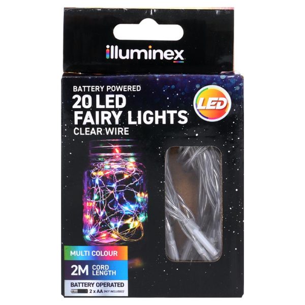 Fairy Lights Battery Operated 20 LED 2m Multi Colour 2 Function Clear Wire