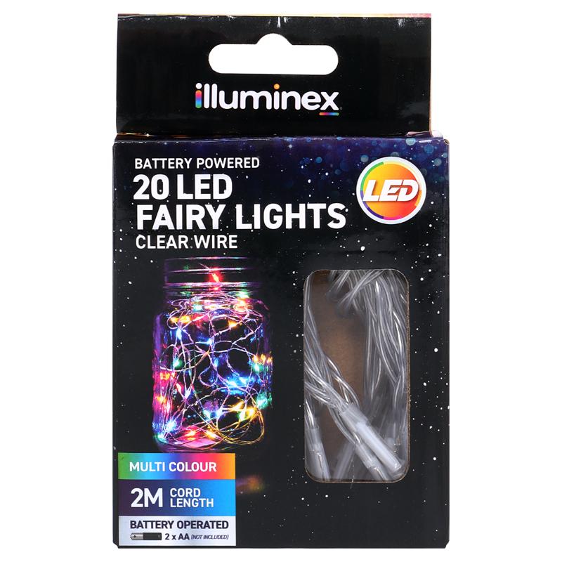 Fairy Lights Battery Operated 20 LED 2m Multi Colour 2 Function Clear Wire