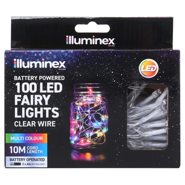 Fairy Lights Battery Operated 100 LED 10m Multi Colour Colour 2 Function Clear Wire