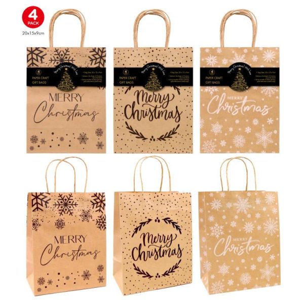 Craft Gift Bags (Brown) - Christmas Series - 20CM x 15CM x 9CM - 4PK