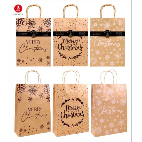 Craft Gift Bags (Brown) - Christmas Series - 35CM x 25CM x 10CM - 3PK