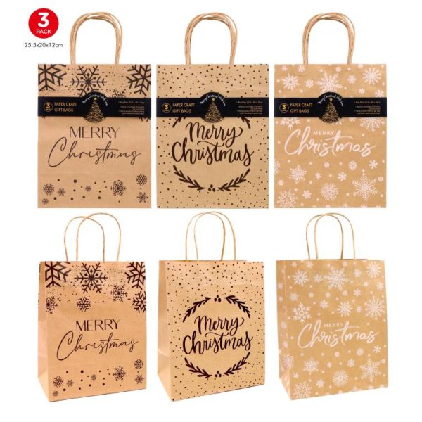 Craft Gift Bags (Brown) - Christmas Series - 25.5CM x 20CM x 12CM - 3PK