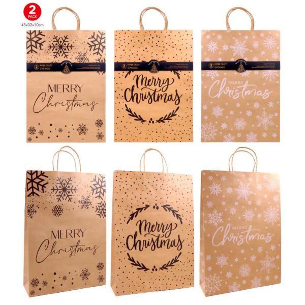 Craft Gift Bags (Brown) - Christmas Series - 45CM x 32CM x 10CM - 2PK