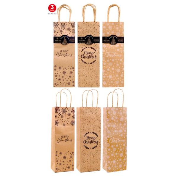 Craft Gift Bags (Brown) - Christmas Series - (Bottle Bag) 35CM x 11.5CM x 8CM - 3PK