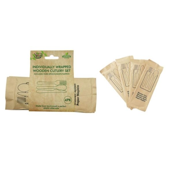 4PK Individually Wrapped ECO Wooden Cutlery set