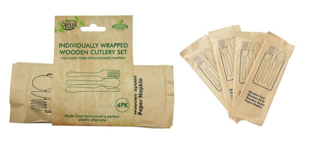 4PK Individually Wrapped ECO Wooden Cutlery set
