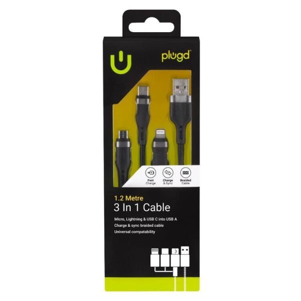 3 In 1 Charge And Sync Cable Micro, iPhone And Type C Into USB A