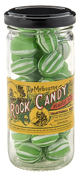 The Melbourne Rock Candy Spearmint Satins Glass Jar 170g