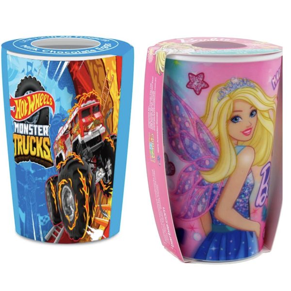 Lenticular Plastic Tumbler Cup with Milk Chocolate Eggs - Barbie & Hot Wheels 34g
