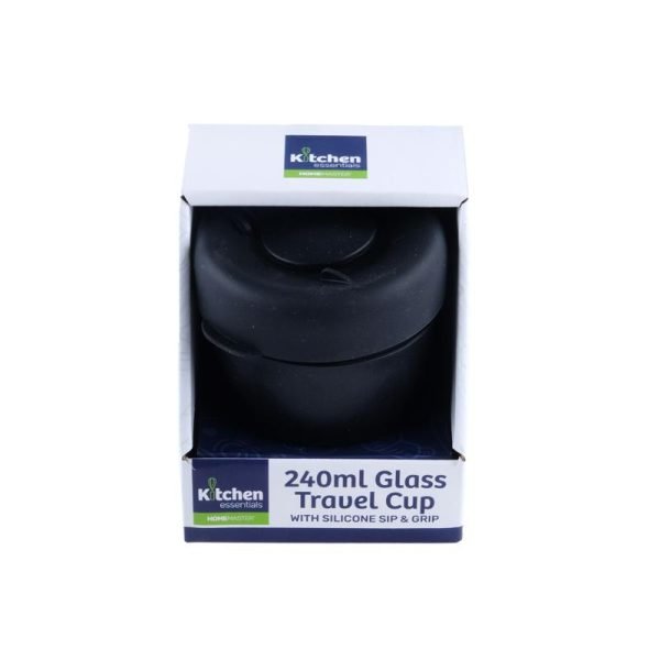 Travel Mug Glass Black Lid & Black Grip 240mL
