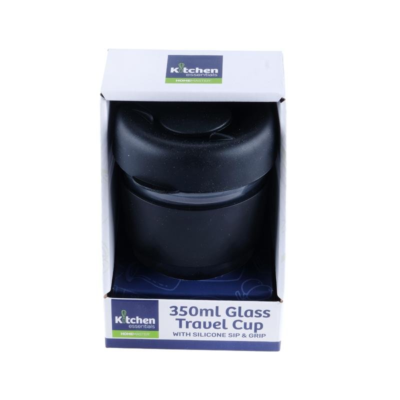 Travel Mug Glass Black Lid & Black Grip 350mL