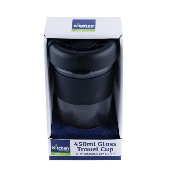 Travel Mug Glass Black Lid & Black Grip 450mL