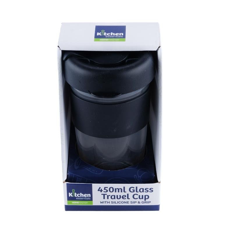 Travel Mug Glass Black Lid & Black Grip 450mL