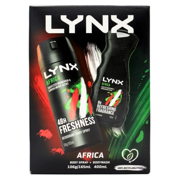 Lynx Gift Set Africa Duo 106g / 165ml Body Spray 400ml Bodywash Squeezed Mandarin And Sandalwood Scent